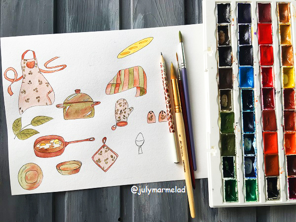 кухня, акварель, предметы на кухню, паттерн